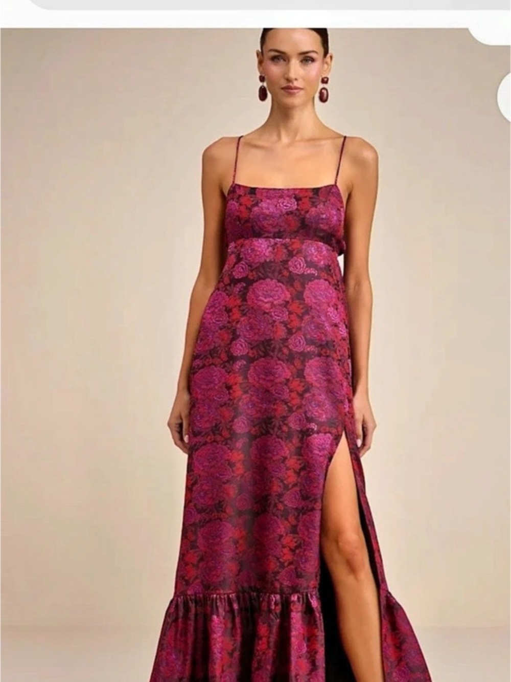 Lulus Jasiel Burgandy Floral Brocade Sleeveless Maxi Dress Floral Brocade. Size